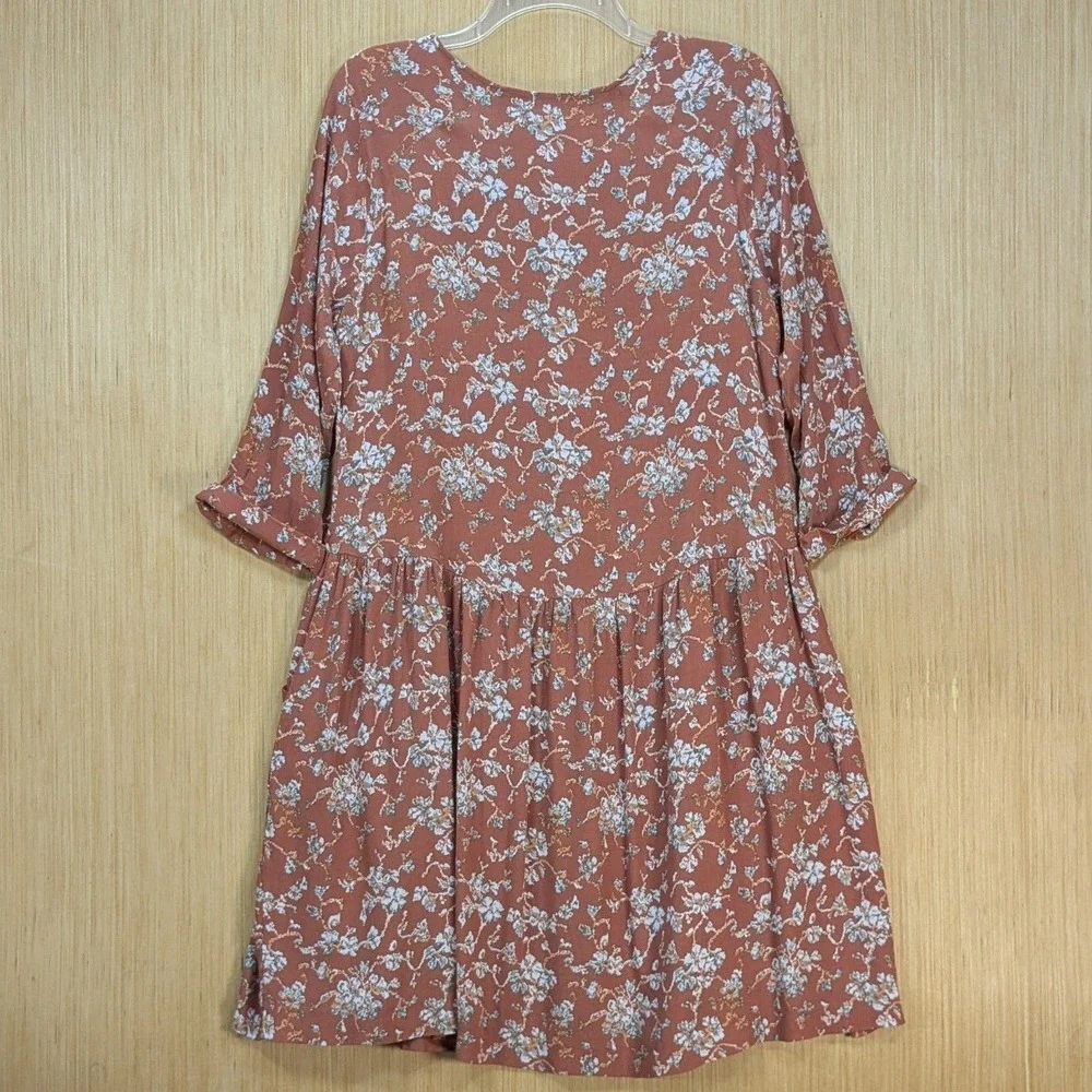 Garnet Hill Women‎ Rust Floral Boho Cottage Feminine Babydoll Dress 12 Pockets
